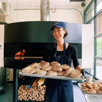Big Bon Bodega happy Bagels in front of Marra Forni wood fired metal square brick oven
